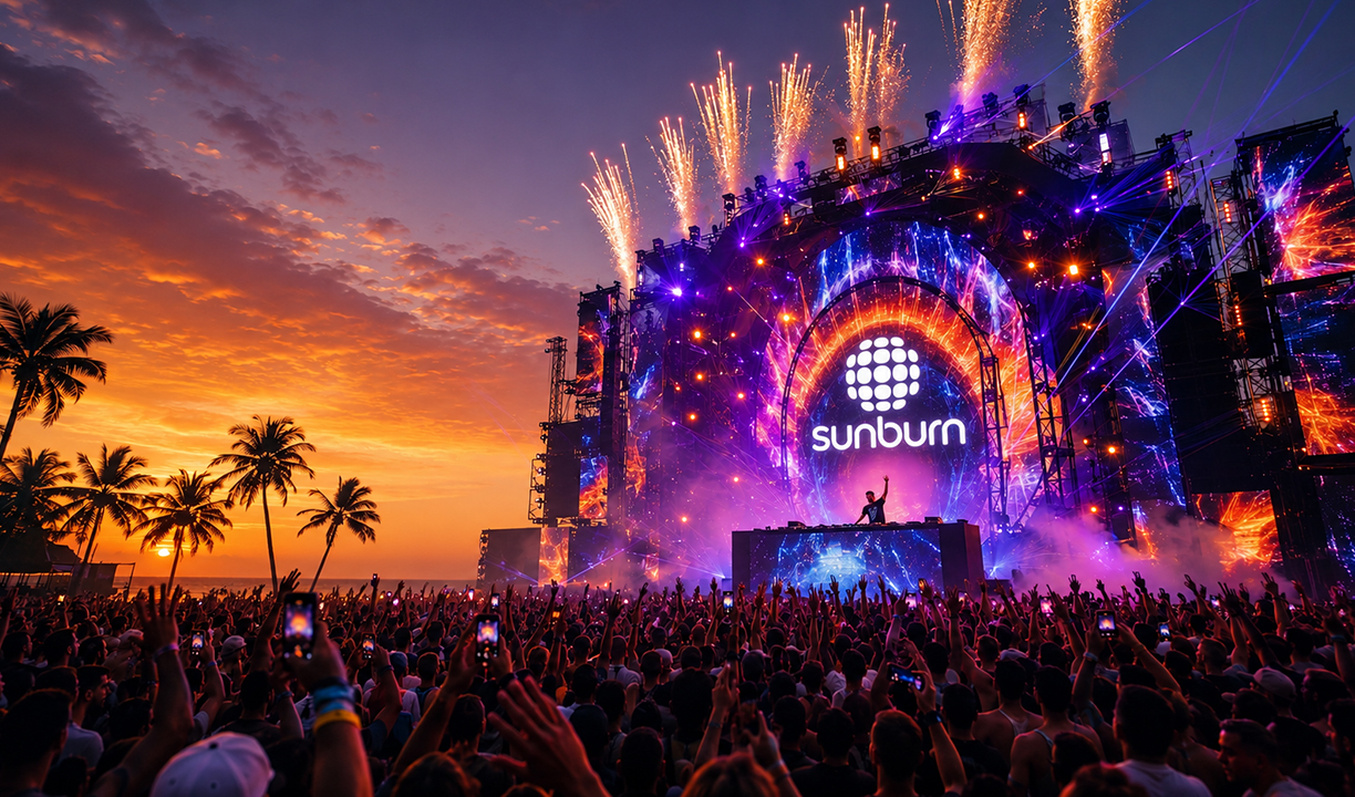 Sunburn EDM festival in Goa with a live DJ, thousands of attendees, and vibrant stage lighting