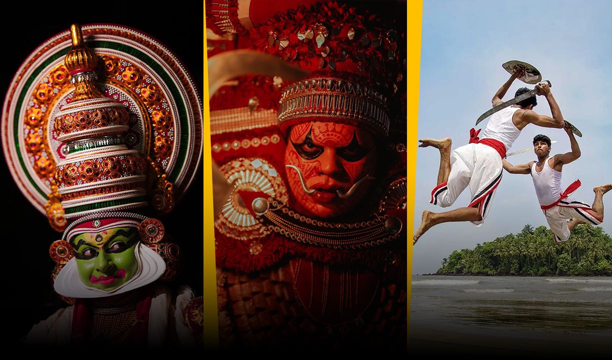 Kerala traditional performing arts guide featuring Kathakali, Theyyam and Kalaripayattu